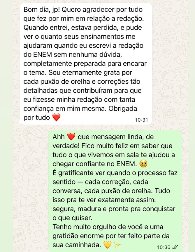 Mensagem de aluno aprovado pelo JP