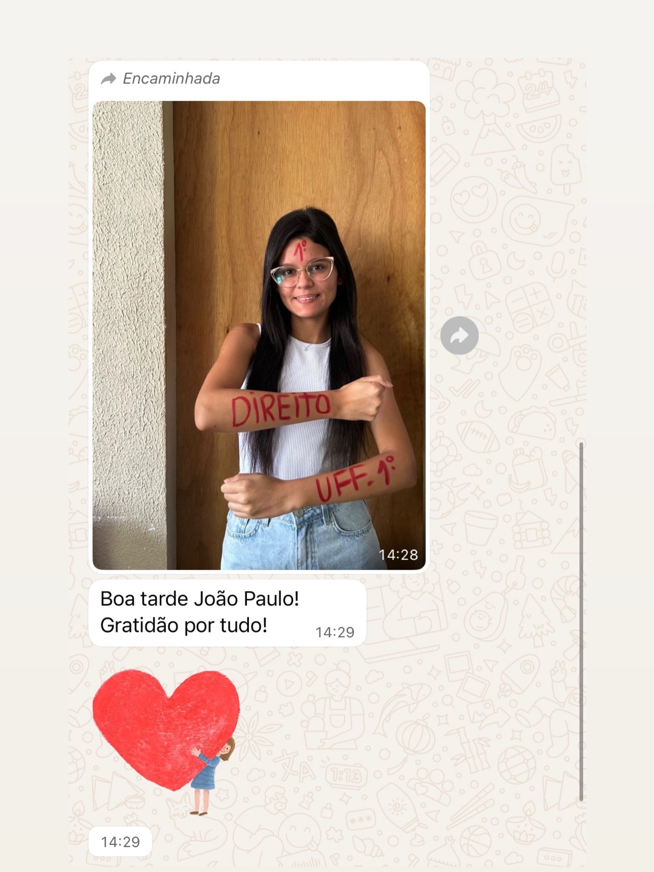 Mensagem de aluno aprovado pelo JP