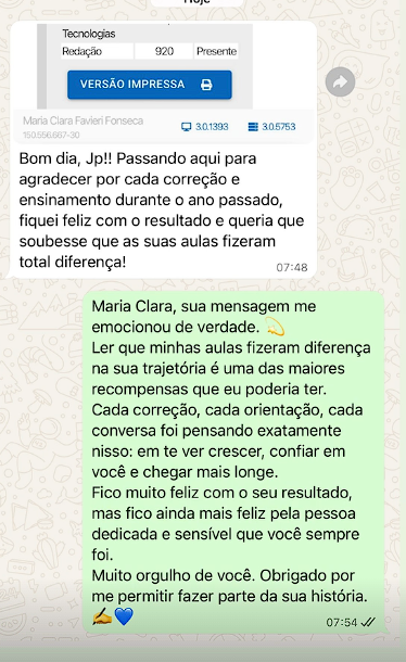 Mensagem de aluno aprovado pelo JP
