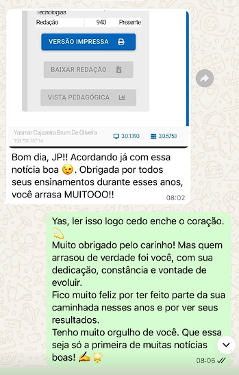 Mensagem de aluno aprovado pelo JP