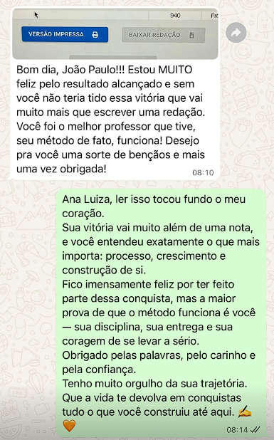 Mensagem de aluno aprovado pelo JP