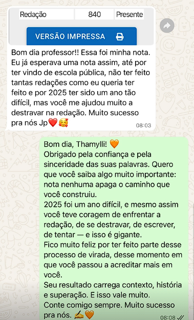 Mensagem de aluno aprovado pelo JP