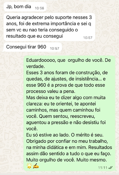 Mensagem de aluno aprovado pelo JP