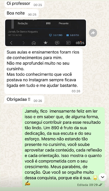Mensagem de aluno aprovado pelo JP