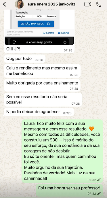 Mensagem de aluno aprovado pelo JP
