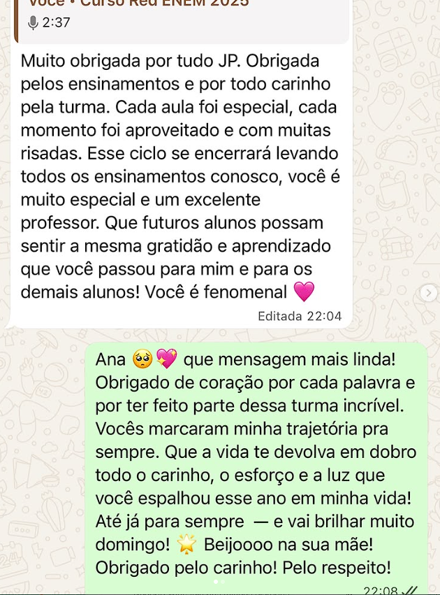 Mensagem de aluno aprovado pelo JP
