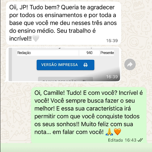 Mensagem de aluno aprovado pelo JP