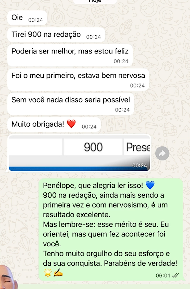 Mensagem de aluno aprovado pelo JP