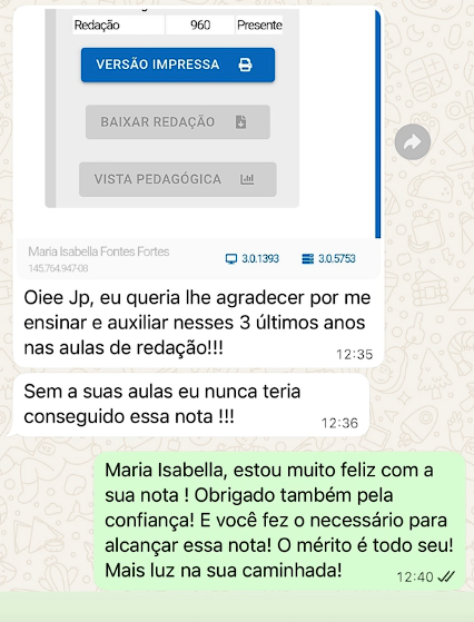 Mensagem de aluno aprovado pelo JP